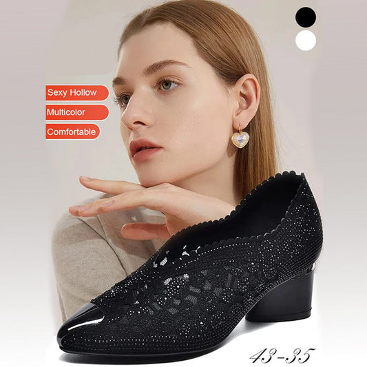 👡Sandale din plasă perforată cu pietre strălucitoare și toc gros
