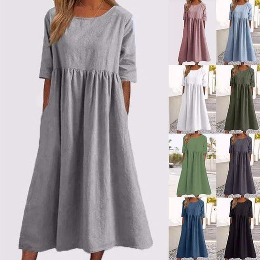 💖Rochie din bumbac cu decolteu rotund și buzunare