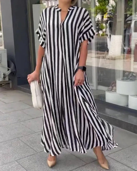 💖 Rochie cămașă cu imprimare în dungi și decolteu în V