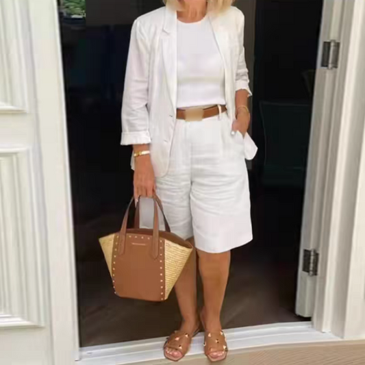 Set de două piese casual pentru femei cu top deschis în față și pantaloni scurți Bermuda