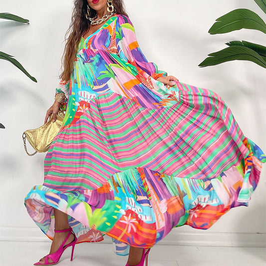 Rochie maxi cu imprimare florală și decolteu în V