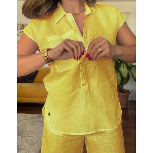 💖Set elegant din două piese, cămașă cu mânecă scurtă din in și bumbac și pantaloni cu picior lat