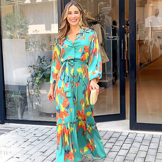 Rochie maxi imprimată cu buton cu rever