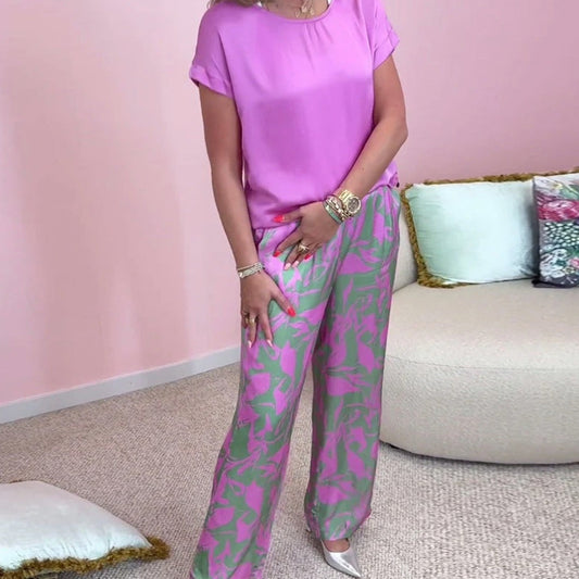 Set de 2 piese cu top și pantaloni imprimați cu picioare largi