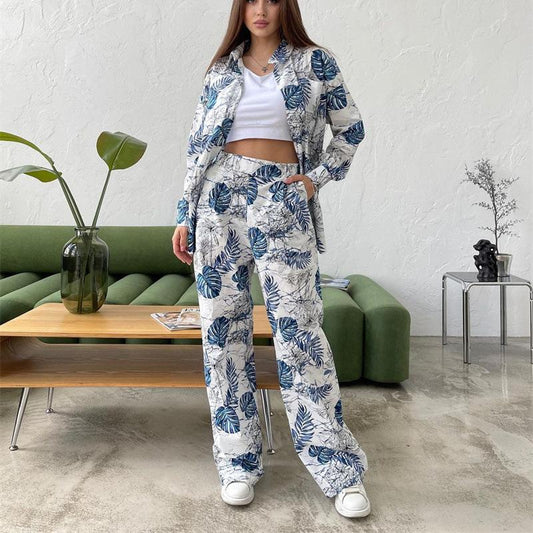 Set casual de pantaloni cu picior lat și cămașă cu flori