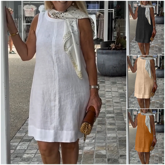 Rochie fără mâneci cu gât rotund din bumbac și in pentru femei