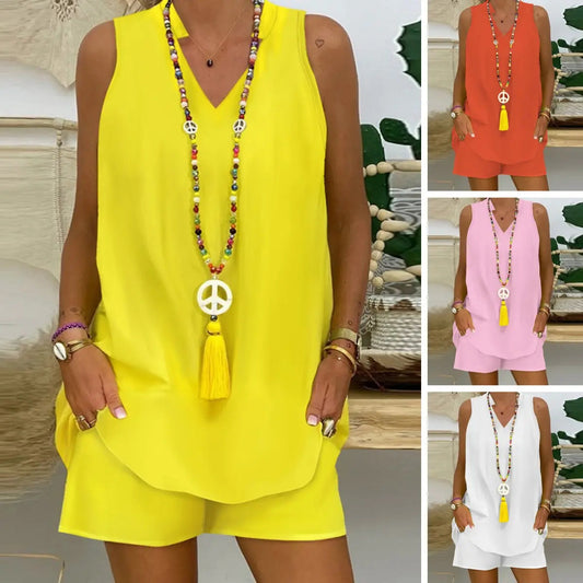 🌸 🌞 Set de vară din două piese: top fără mâneci cu decolteu în V + pantaloni scurți