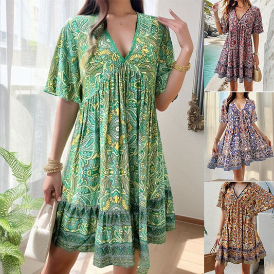 👗Femeii florale imprimare V-Neck scurt maneca mini rochie