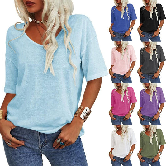 🔥Oferta specială a săptămânii🔥Tricou cu decolteu V de culoare solidă pentru femei