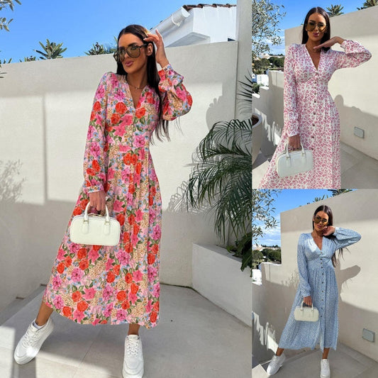 🌸Rochie elegantă florală cu decolteu în V și mâneci lungi