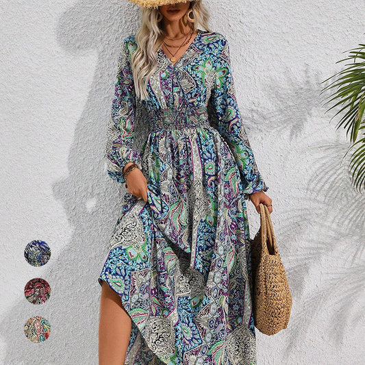✨【M-4XL】🔥Rochie maxi cu mânecă lungă imprimată cu decolteu în V🌸