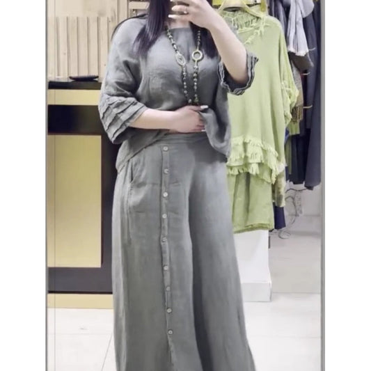 Set casual pentru femei – top cu mânecă trei sferturi și pantaloni largi cu nasturi