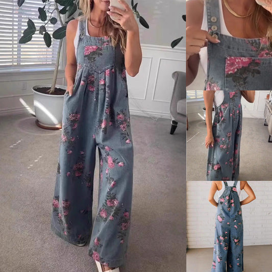 Salopeta casual imprimată din denim pentru femei