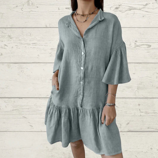 ⏳ Ofertă specială limitată în timp ⏰ Rochie cămașă casual din bumbac și in, cu volane și decolteu în V – pentru femei