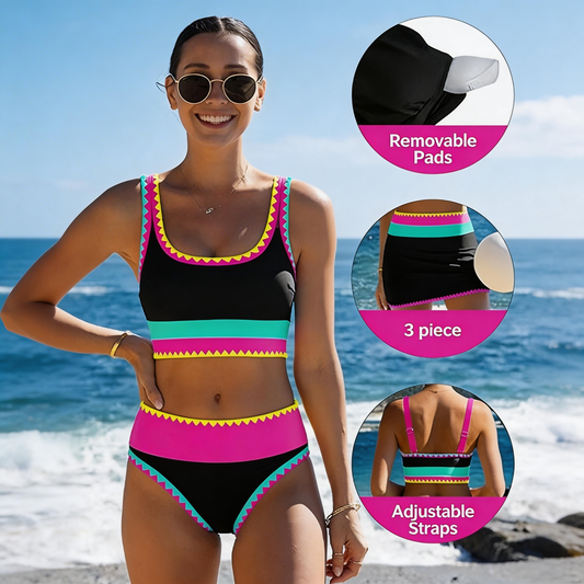 🌼 Třídílné sportovní bikiny z nylonu s barevnými bloky👙🌈
