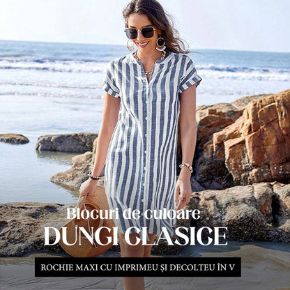 Rochie cămașă cu nasturi în dungi pentru femei