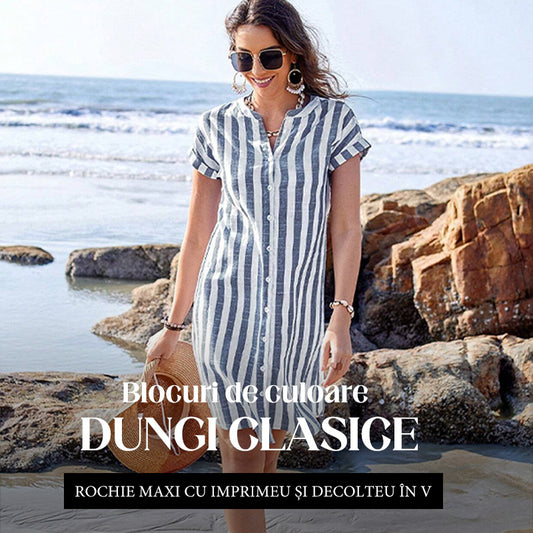 Rochie cămașă cu nasturi în dungi pentru femei