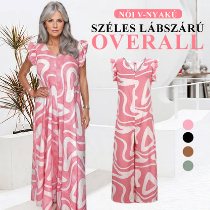 🌹Ajándék🌸Virágzó Rózsa Nyaklánc🌸 Női Geometrikus Mintás V-nyakú Széles Lábszárú Overall