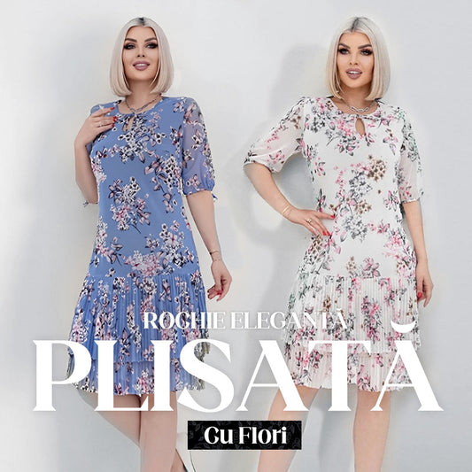 Rochie lungă elegantă cu mânecă scurtă plisată pentru femei
