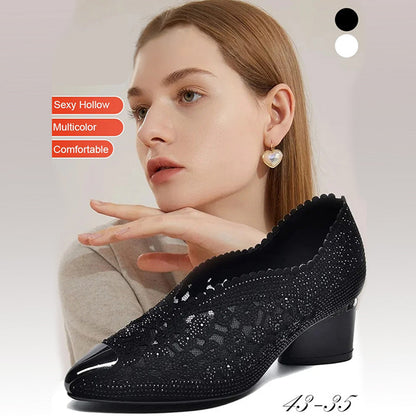 👡Sandale din plasă perforată cu pietre strălucitoare și toc gros
