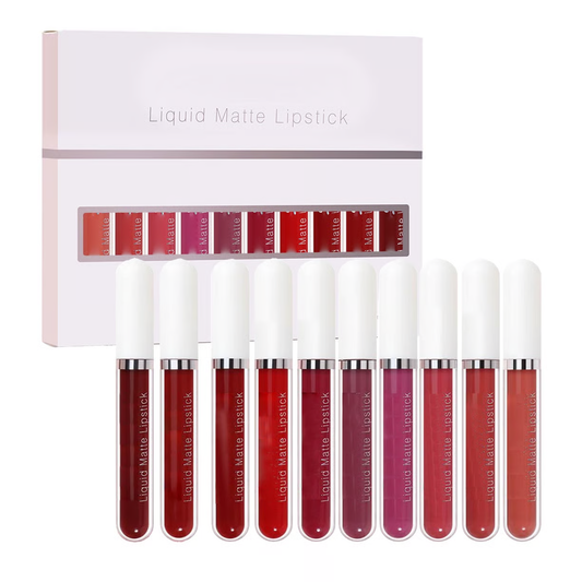 Set de 10 rujuri mate rezistente la apă – cu vitamina E, care nu lasă urme și cu culoare de lungă durată, pentru buze perfecte 👄