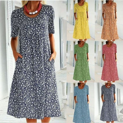 2025 Vânzare fierbinte de Anul Nou💖Rochie florală cu gât rotund（8 culori cu buzunare）