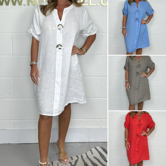 👗 2025 Rochie elegantă pentru femei din bumbac și in – Stil lejer cu nasturi