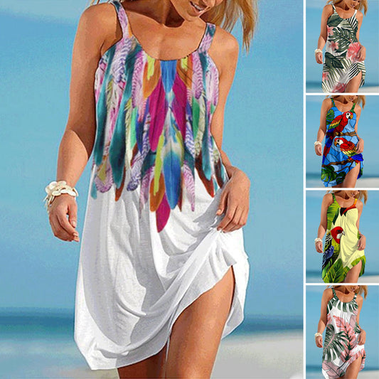 【S-4XL】🌈U-Neck colorat imprimat vrac scurt spaghete curea rochie
