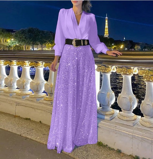 ✨Bluză elegantă cu mânecă lungă și decolteu în V și pantaloni largi de salopetă cu paiete