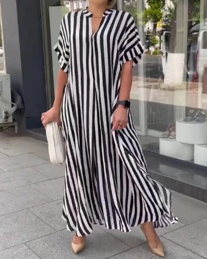💖 Rochie cămașă cu imprimare în dungi și decolteu în V