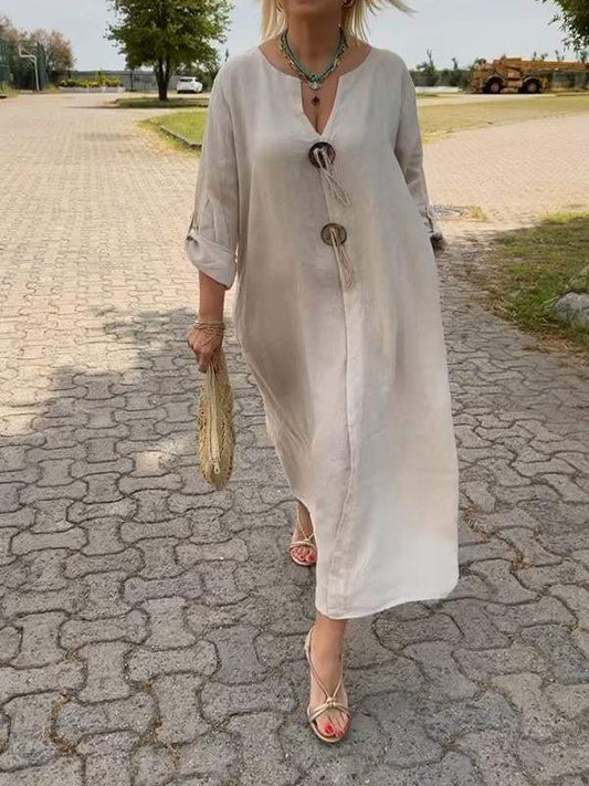 🌸 Rochie cu decolteu în V din bumbac și in