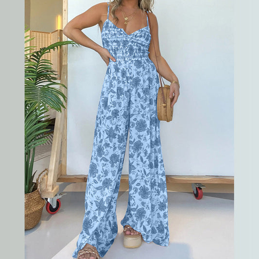 30%OFF🔥Salopetă florală cu picioare largi cu bretele
