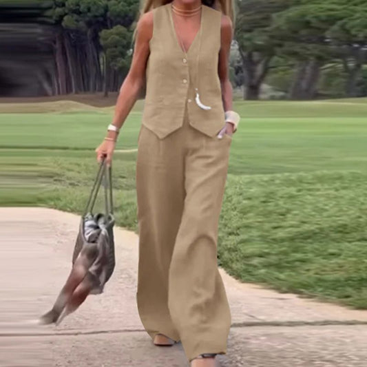 ✅ Set de vară din două piese – top cu nasturi și pantaloni largi💕