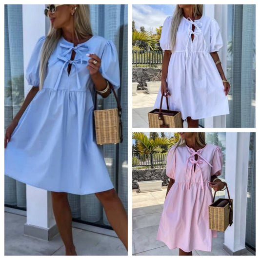 💕 Clasic și confortabil: Femei Trendy culoare solidă Bow Tie Front Puff Sleeve rochie