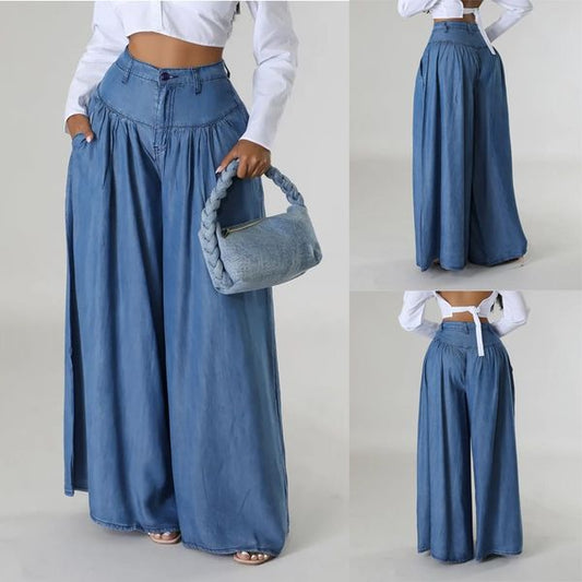 Talie înaltă fermoar Wide Leg Denim Femei pantaloni