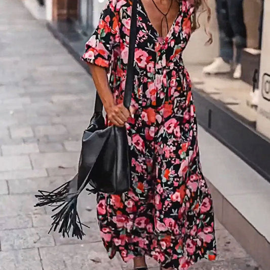 Femeii vrac V-Neck Floral Flowy rochie