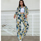 Set casual de pantaloni cu picior lat și cămașă cu flori