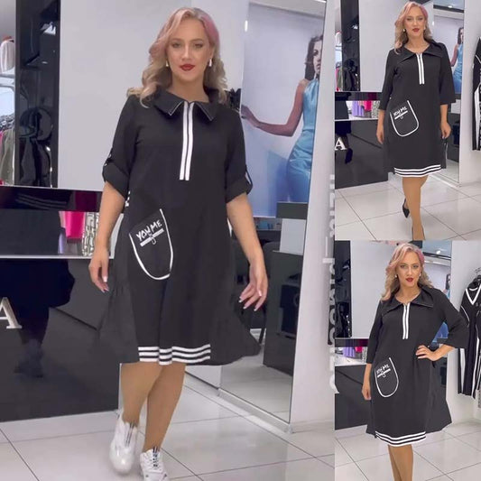 Rochie neagră Chic A-Line pentru femei, cu garnitură contrastantă și detaliu de buzunar