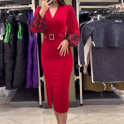 💖Rochie elegantă cu decolteu în V, de culoare roșie, pentru femei