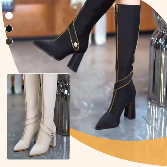 Pointed Toe Chunky Heel Knee High Boots✨