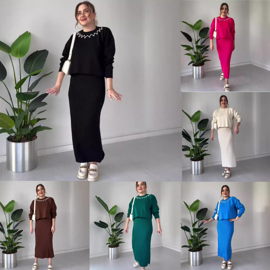 S-3XL😍Top scurt tricotat și fustă maxi pentru femei, set din două piese