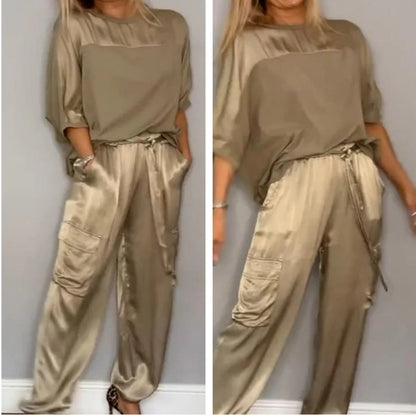 🔥Vânzare la cald 🔥Set de 2 piese pentru femei cu bluză cu gât rotund și pantaloni