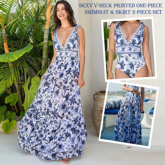 Costum de baie cu decolteu în V și fustă