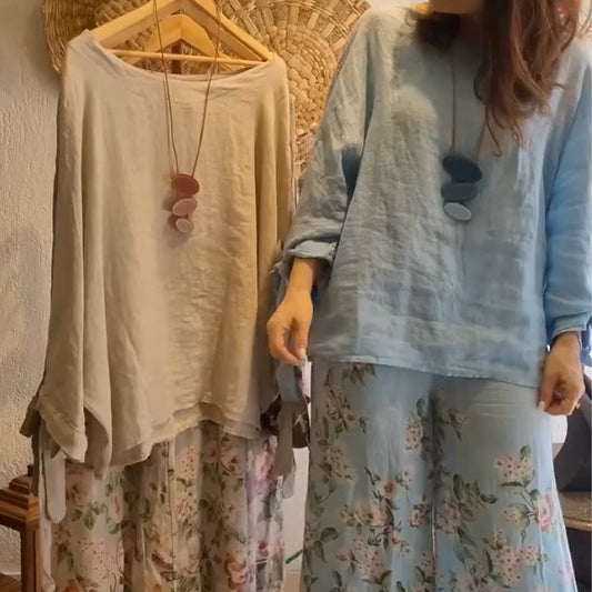 Set bluză cu croială lejeră și pantaloni cu picior lat imprimați cu flori pentru femei