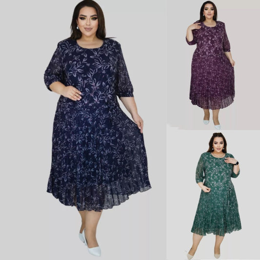 Rochie maxi imprimată, cu decolteu rotund și mâneci trei sferturi