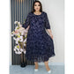Rochie maxi imprimată, cu decolteu rotund și mâneci trei sferturi