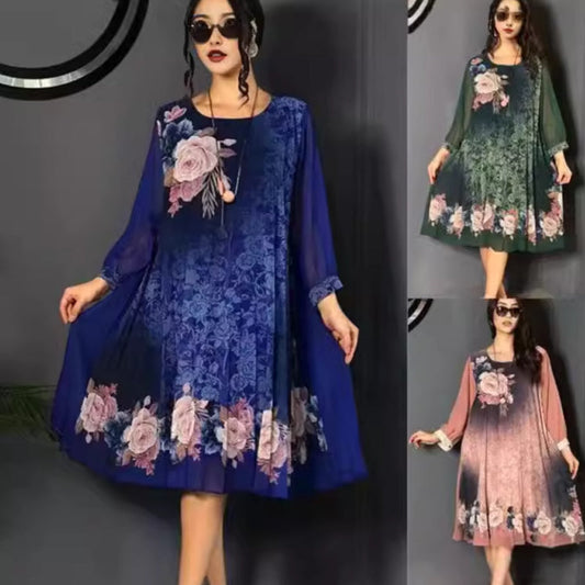 Rochie cu Imprimeu Floral și Mâneci Din Plasă pentru Femei, Cu Guler Rotund