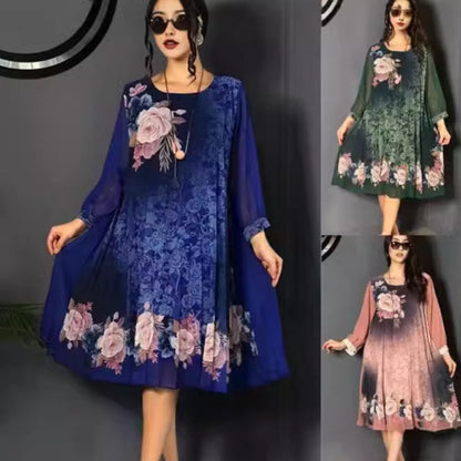 Rochie cu Imprimeu Floral și Mâneci Din Plasă pentru Femei, Cu Guler Rotund
