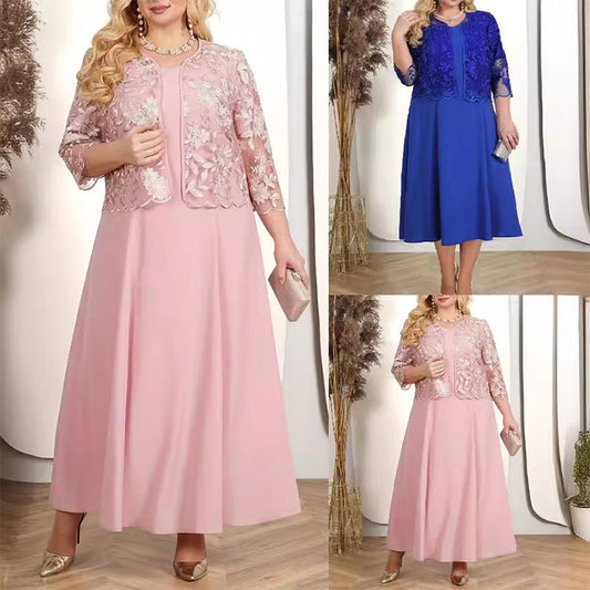 ⏳Ofertă specială limitată în timp⌛ Set rochie pentru femei, culoare unică, cu jachetă din dantelă brodată