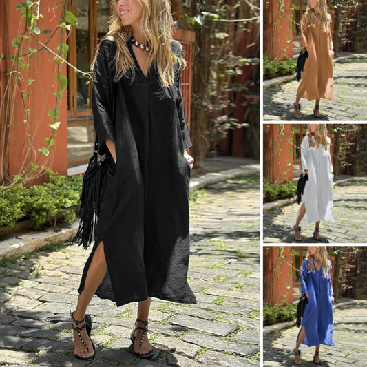 🔥🔥🔥Rochie lungă casual pentru femei cu decolteu în V, buzunare și tiv tăiat🥰💖